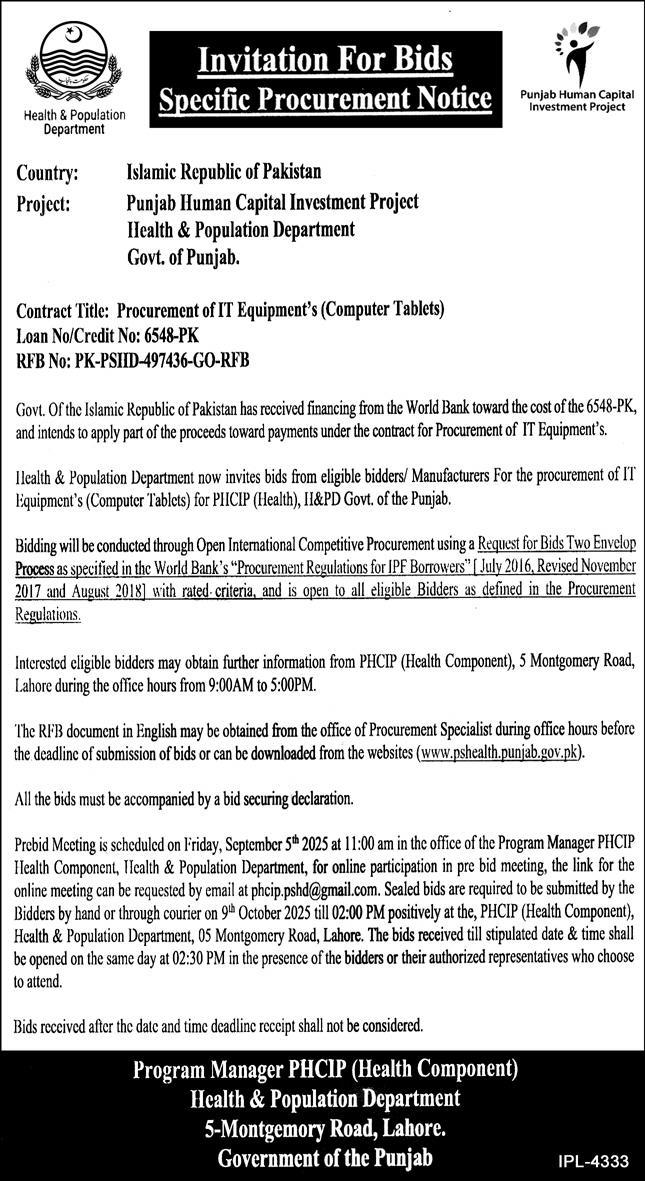 Health & Population Department Lahore Tender Notice